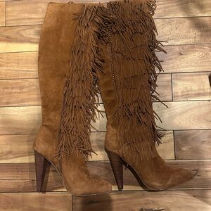 Fringed Brown Suede Knee-High Boots
